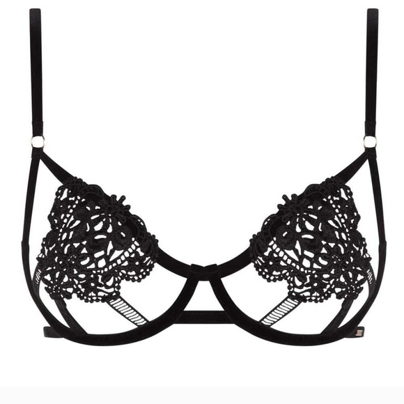 Bluebella Pandora Feminine Floral Appliqué Velvet Trim Underwire Bra Black 32C - Picture 1 of 16